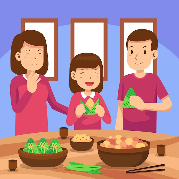 Free Vector flat dragon boat family preparing and eating zongzi illustration