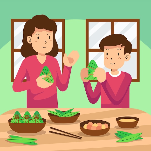 Free Vector flat dragon boat family preparing and eating zongzi illustration