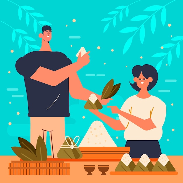 Free Vector flat dragon boat family preparing and eating zongzi illustration