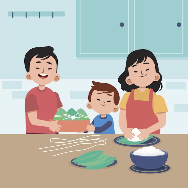 Flat dragon boat family preparing and eating zongzi illustration