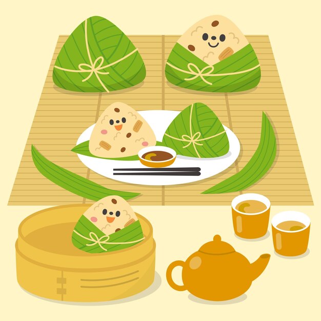 Free vector flat dragon boat's zongzi collection