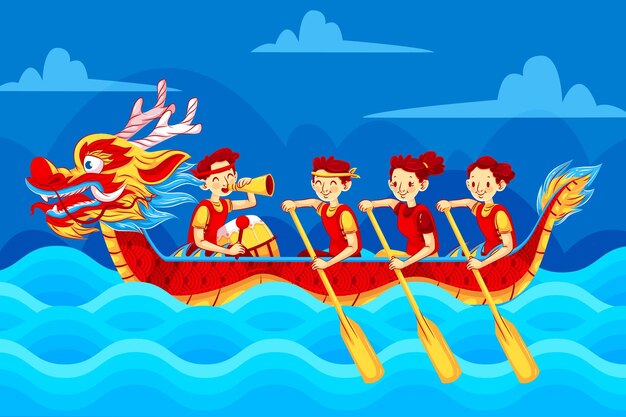 Flat dragon boat with happy rowers background