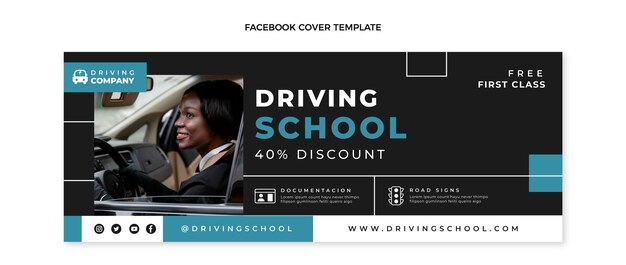 Flat driving school social media cover template