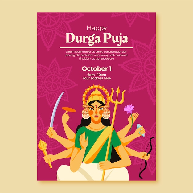 Flat durga puja vertical flyer template