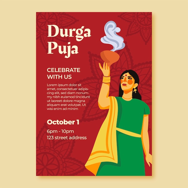 Flat durga puja vertical flyer template