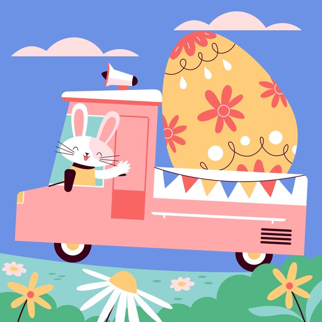 Flat easter car illustration