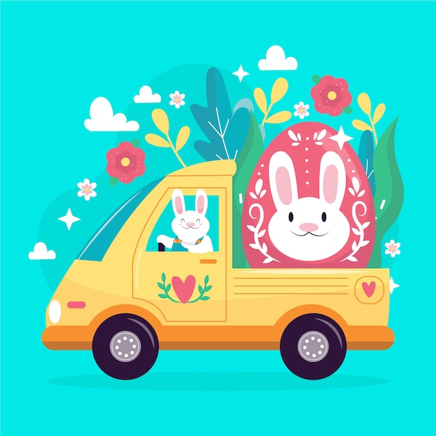 Flat easter car illustration