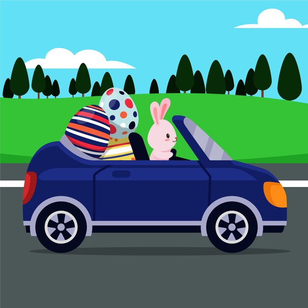 Flat easter car illustration