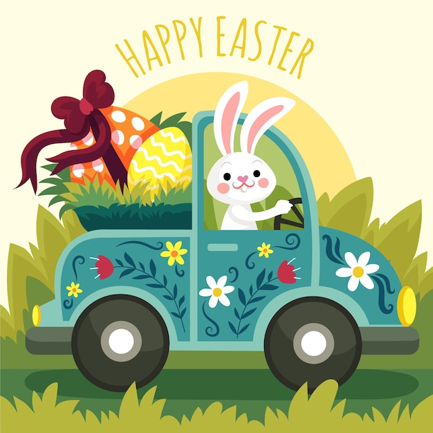 Flat easter car illustration