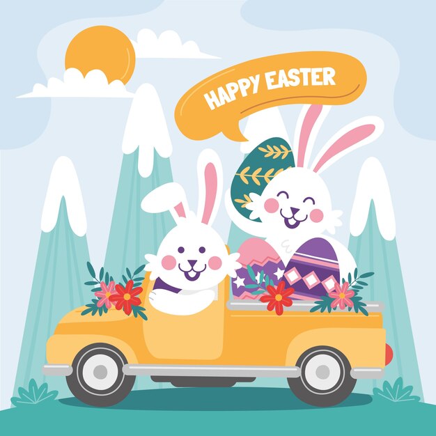 Flat easter car illustration