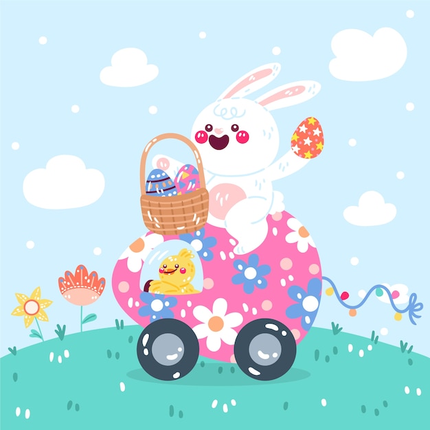 Flat easter car illustration