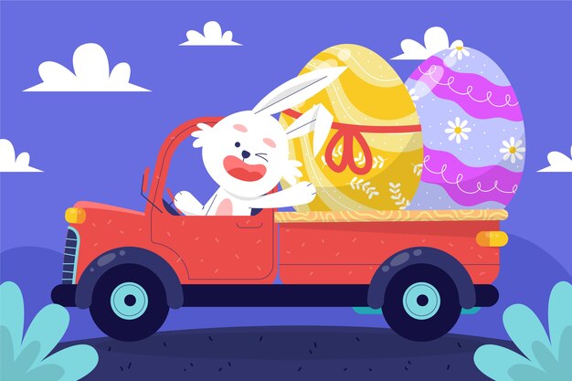 Flat easter car illustration