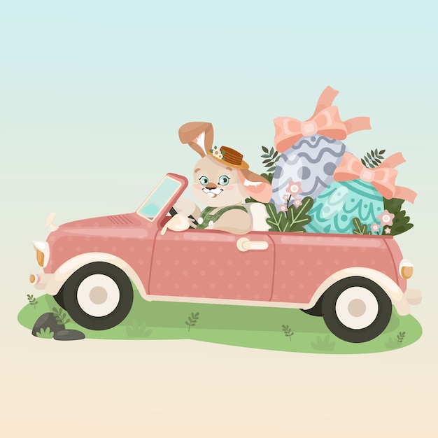 Flat easter car illustration