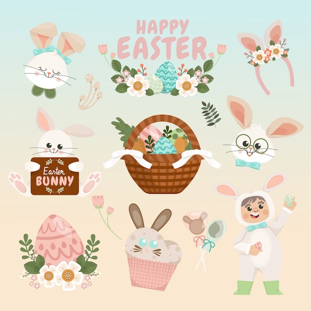 Flat easter cliparts collection