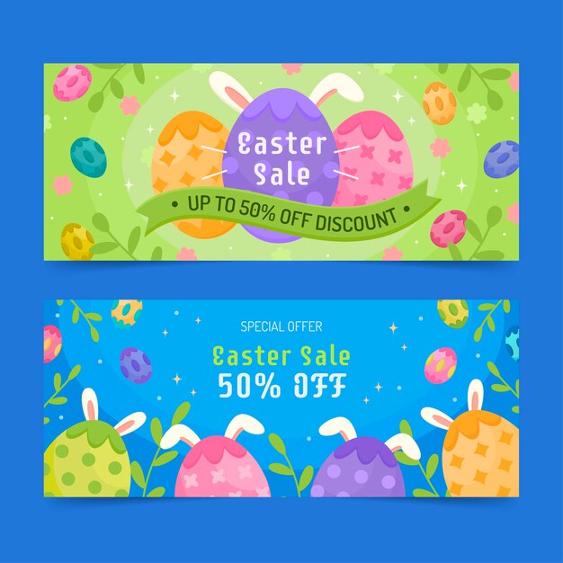 Flat easter sale horizontal banners set