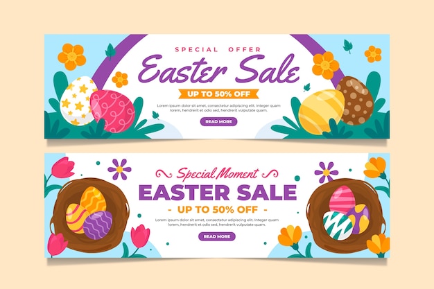 Flat easter sale horizontal banners set