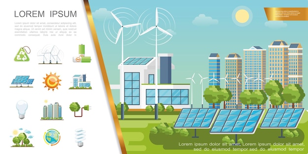 Flat eco city concept with solar panels wind turbines modern buildings recycling sign lightbulbs green trees batteries globe sun plug