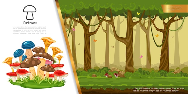 Free Vector flat edible mushrooms colorful concept with different mushrooms growing in summer forest