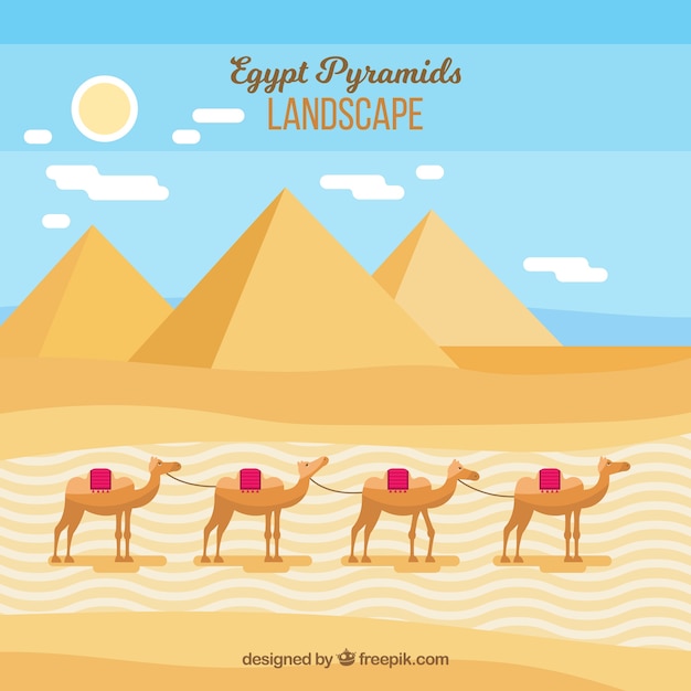 Free Vector flat egypt pyramids landscape with camel caravan