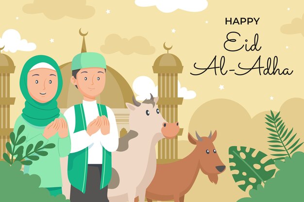 Flat eid al-adha background with animals and people praying