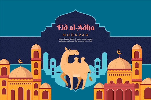 Flat eid al-adha background with camel and buildings