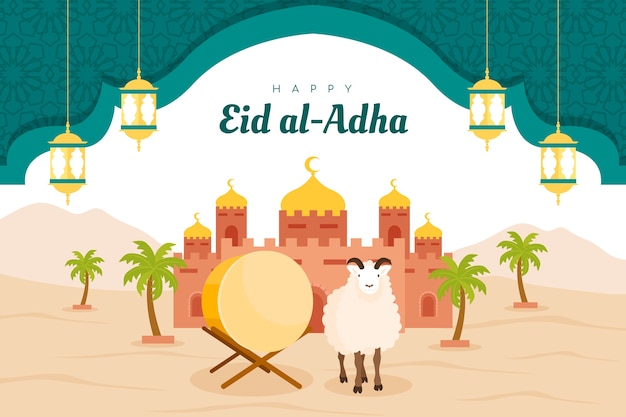 Flat eid al-adha background with drum and sheep