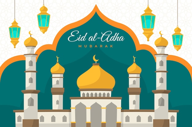 Flat eid al-adha background with palace and lanterns