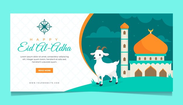 Flat eid al-adha horizontal banner template with palace and goat