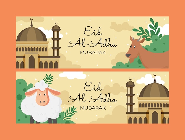 Flat eid al-adha horizontal banners set with animals and palace