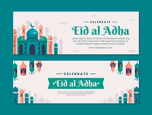 Flat eid al-adha horizontal banners set with lanterns