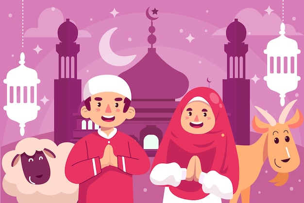 Free Vector flat eid al-adha illustration with couple and animals