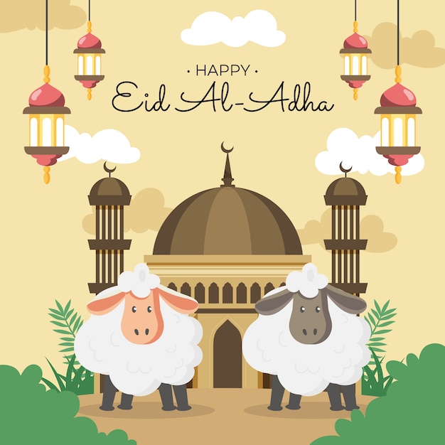 Flat eid al-adha illustration with sheep and lanterns