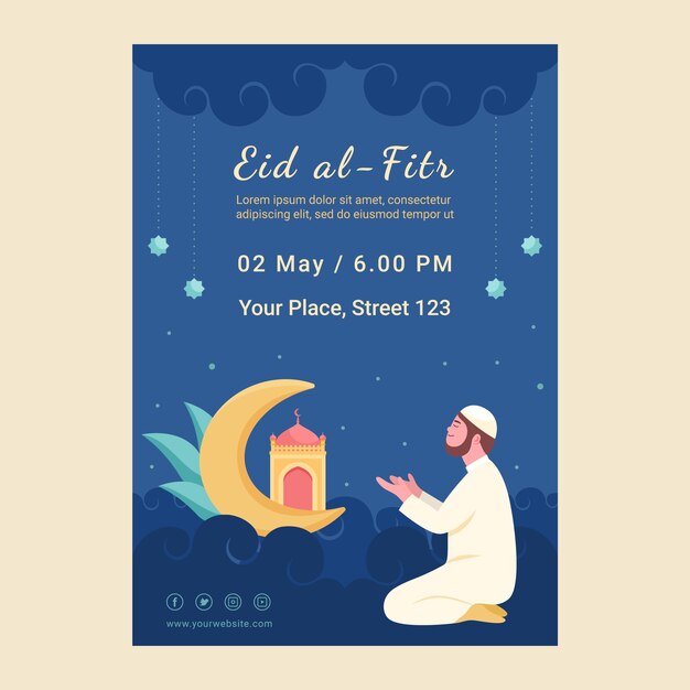 Flat eid al-fitr poster template with man praying