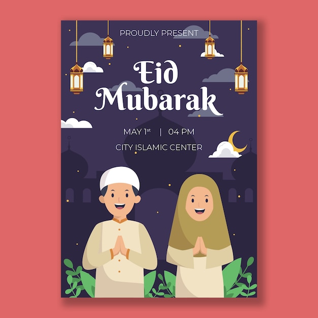 Flat eid al-fitr vertical poster template