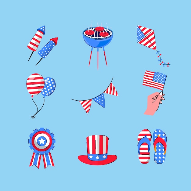 Flat elements collection for american 4th of july celebration