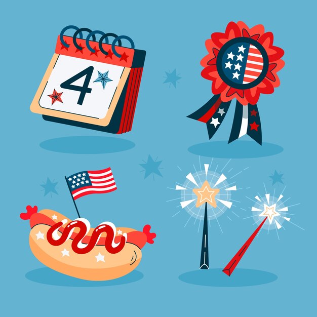 Flat elements collection for american 4th of july holiday celebration