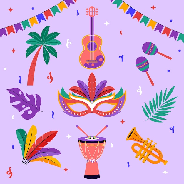 Flat elements collection for brazilian carnival celebration