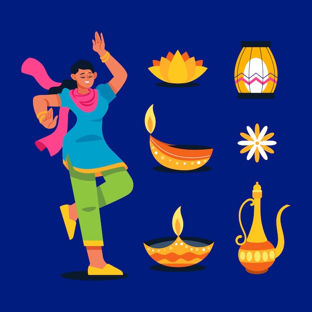 Free Vector flat elements collection for diwali hindu festival celebration