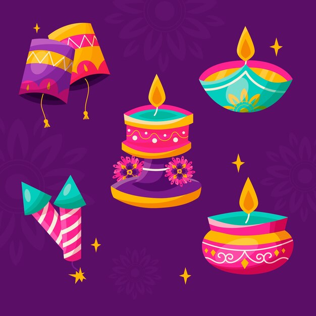 Flat elements collection for hindu diwali festival celebration