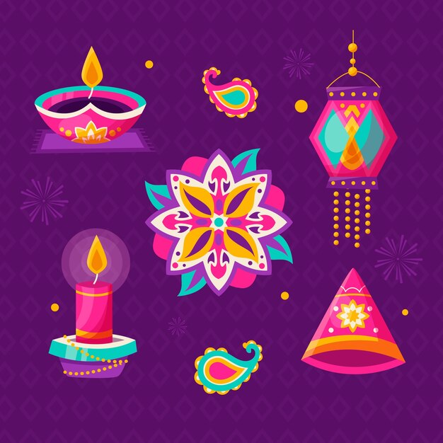 Flat elements collection for hindu diwali festival celebration