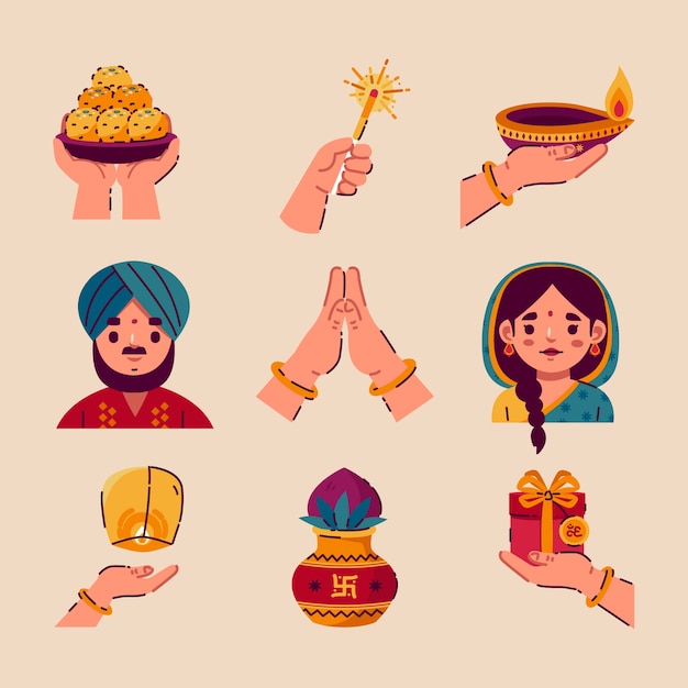 Free Vector flat elements collection for hindu diwali festival celebration