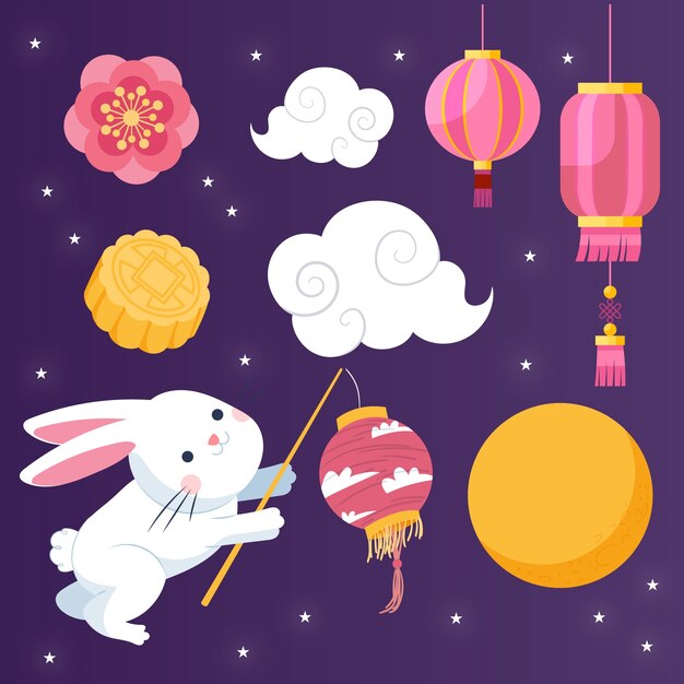 Flat elements set for mid-autumn festival celebration