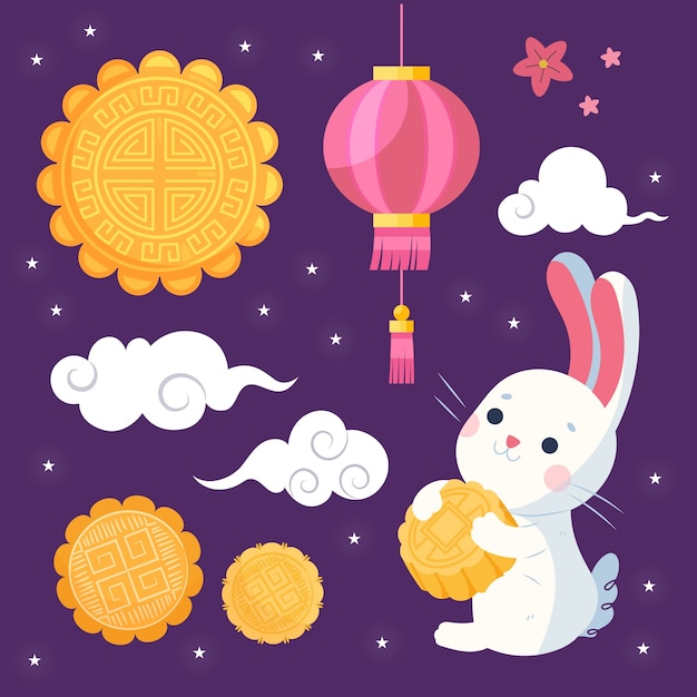 Flat elements set for mid-autumn festival celebration