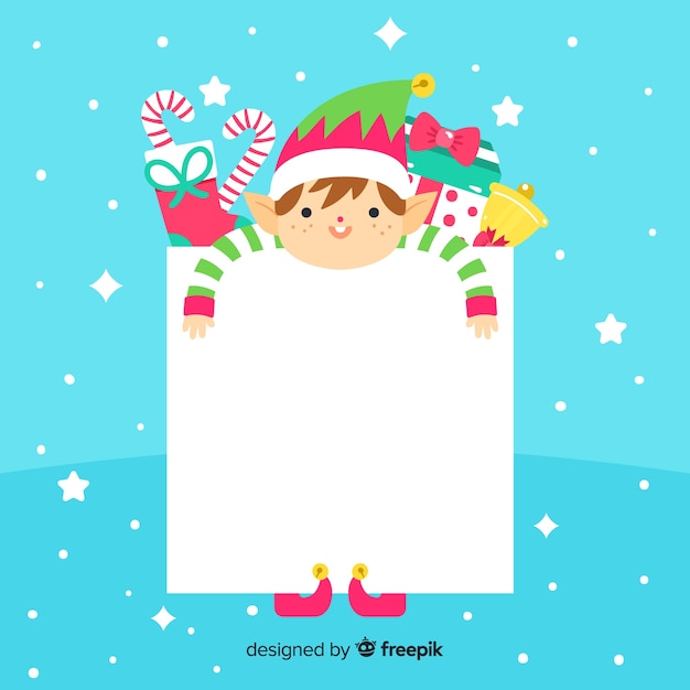 Flat elf with blank sign christmas background