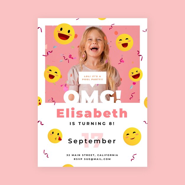 Flat emoji birthday invitation template with photo