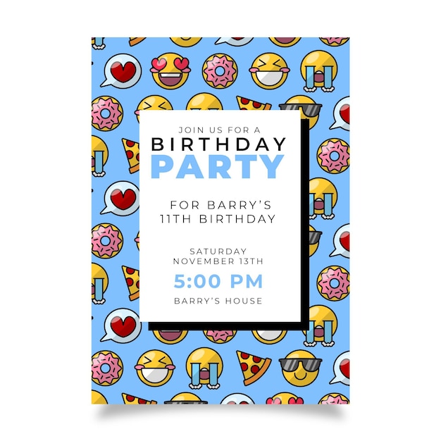 Flat emoji birthday invitation template