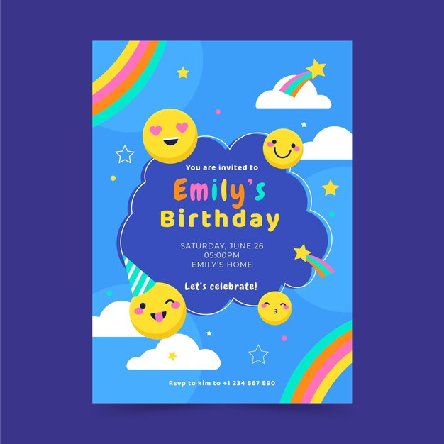 Flat emoji birthday invitation template