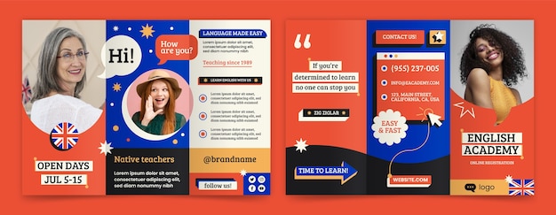 Flat english academy trifold brochure template