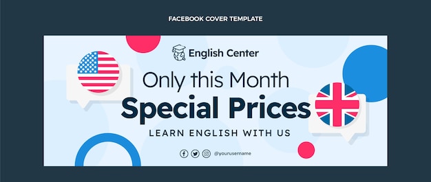 Flat english lessons social media cover template