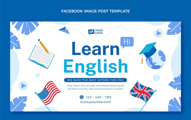 Flat english lessons social media post template